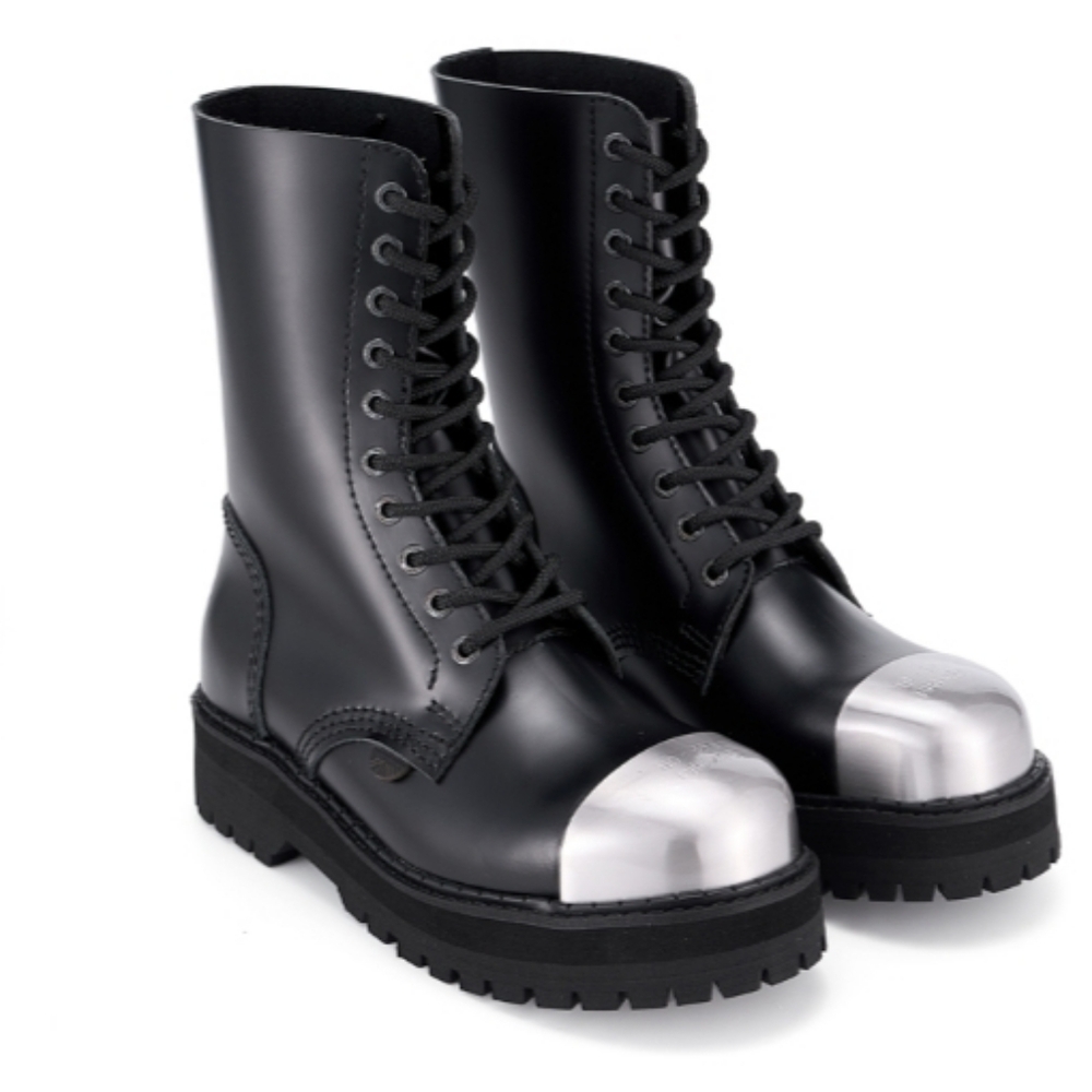 UNDERGROUND LONDON!            Black Combat Boots with Silver Toe Cap USA 9